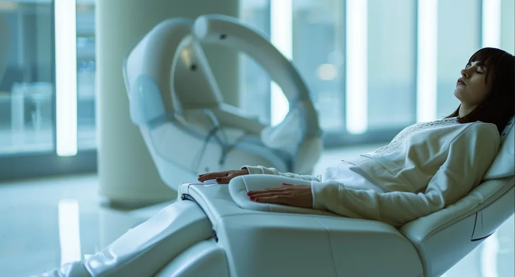 a futuristic rehabilitation clinic, bathed in soft, ambient light, showcases a patient engaged in virtual therapy with advanced robotic technology, embodying hope and innovation in hand recovery.