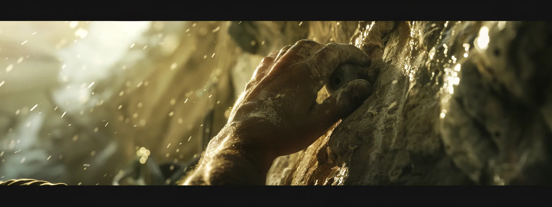 a climber intensely focused on scaling a vertical rock face, showcasing powerful finger grip and strength training tools arranged nearby, under dramatic natural lighting that highlights the determination and athleticism of the sport.