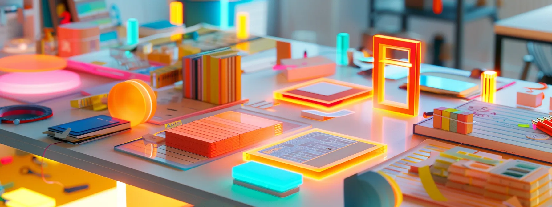 a close-up of a vibrant, well-organized workspace featuring adaptive hand mobility tools surrounded by an array of colorful visual progress trackers, illuminated by soft natural light to emphasize a sense of growth and improvement.