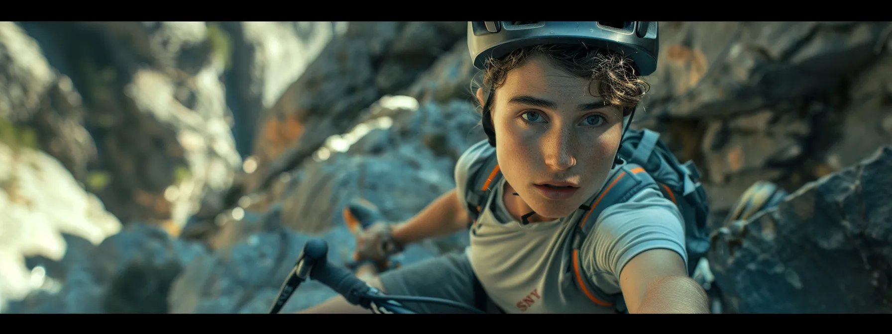 a determined climber ascends a rugged rock face, showcasing their powerful grip and focused expression against a backdrop of steep cliffs and vibrant blue sky, illuminated by the warm glow of late afternoon sunlight.