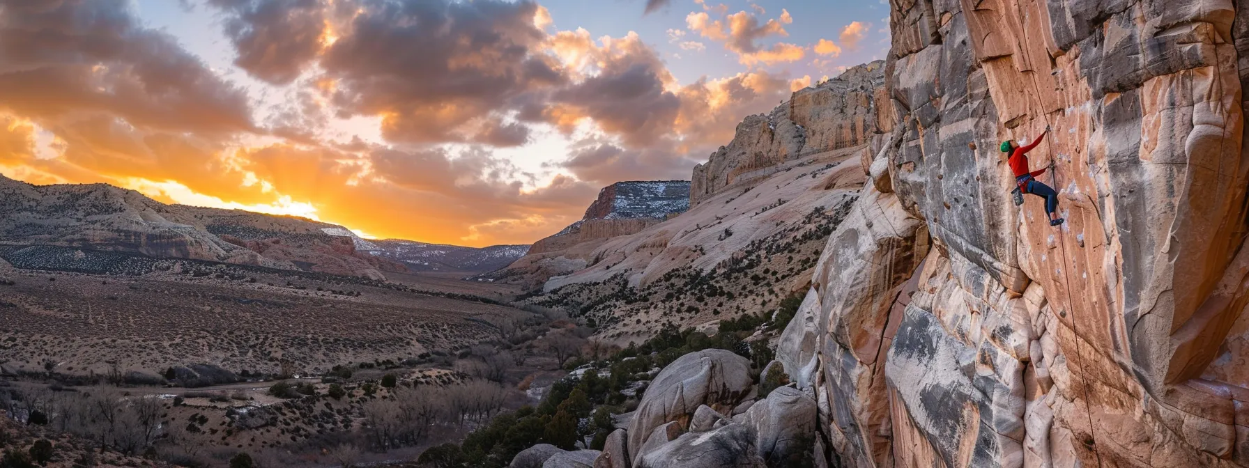 a determined climber intensely engages in a challenging dead hang on a rugged cliff, embodying the essence of grip strength training with vibrant rocks and a stunning sunset backdrop illuminating the scene.