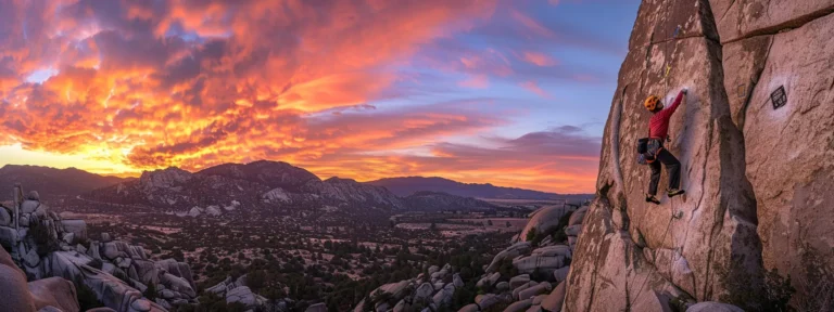 a determined climber scales a rugged granite cliff, showcasing their muscular strength against a backdrop of a stunning sunset illuminating the sky with vibrant hues of orange and purple.