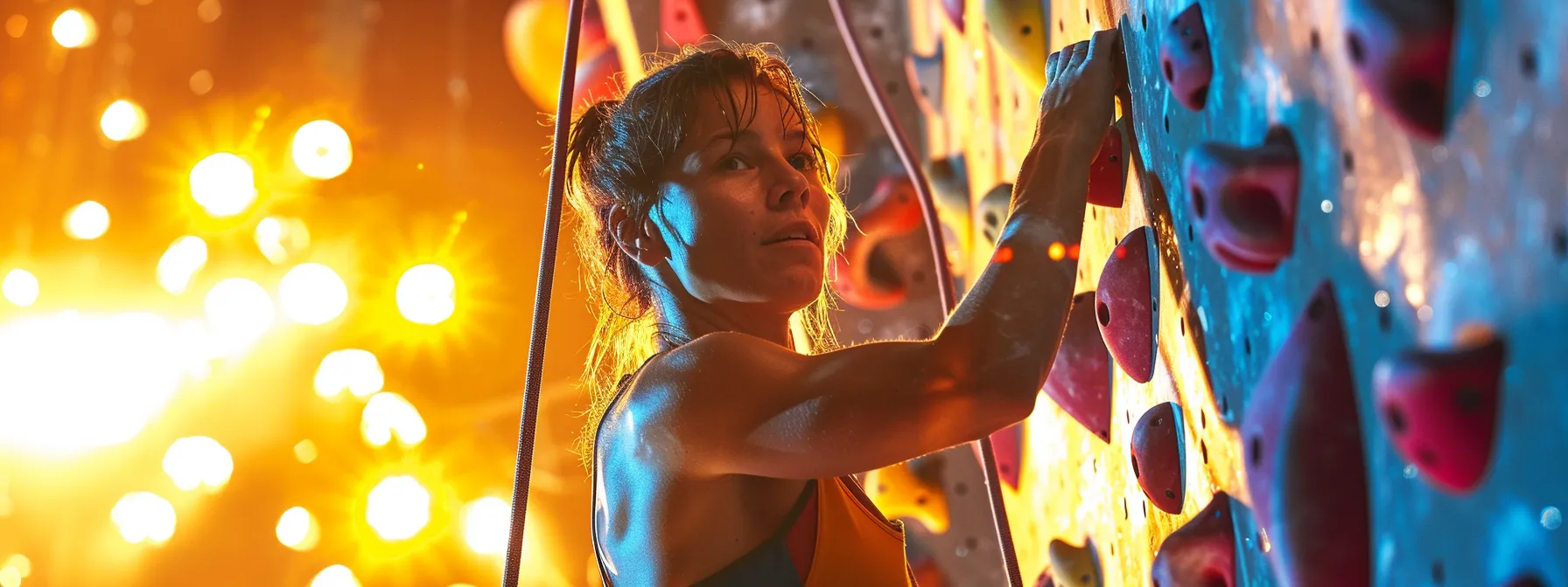 a determined rock climber is immersed in a dynamic training session, energetically gripping a training tool against a backdrop of vibrant climbing holds, illuminated by warm overhead lights that accentuate their focused expression and the defined muscles in their forearms.