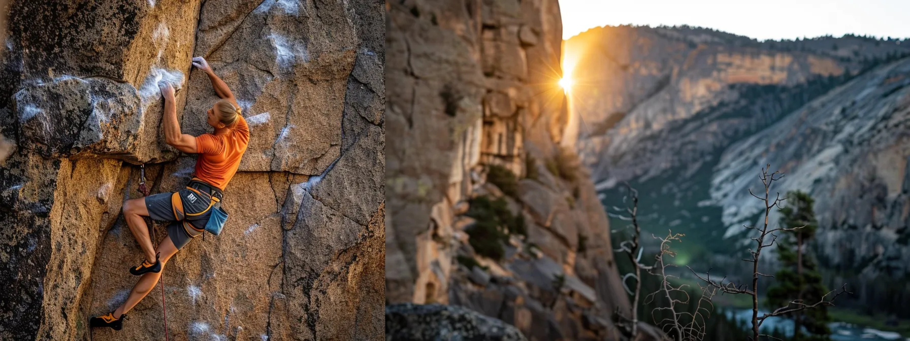 a determined rock climber, poised against a rugged granite cliff at sunset, showcases dynamic grip strength as they execute a challenging ascent, illuminated by warm golden light highlighting the contours of their muscles and the textured rock face.