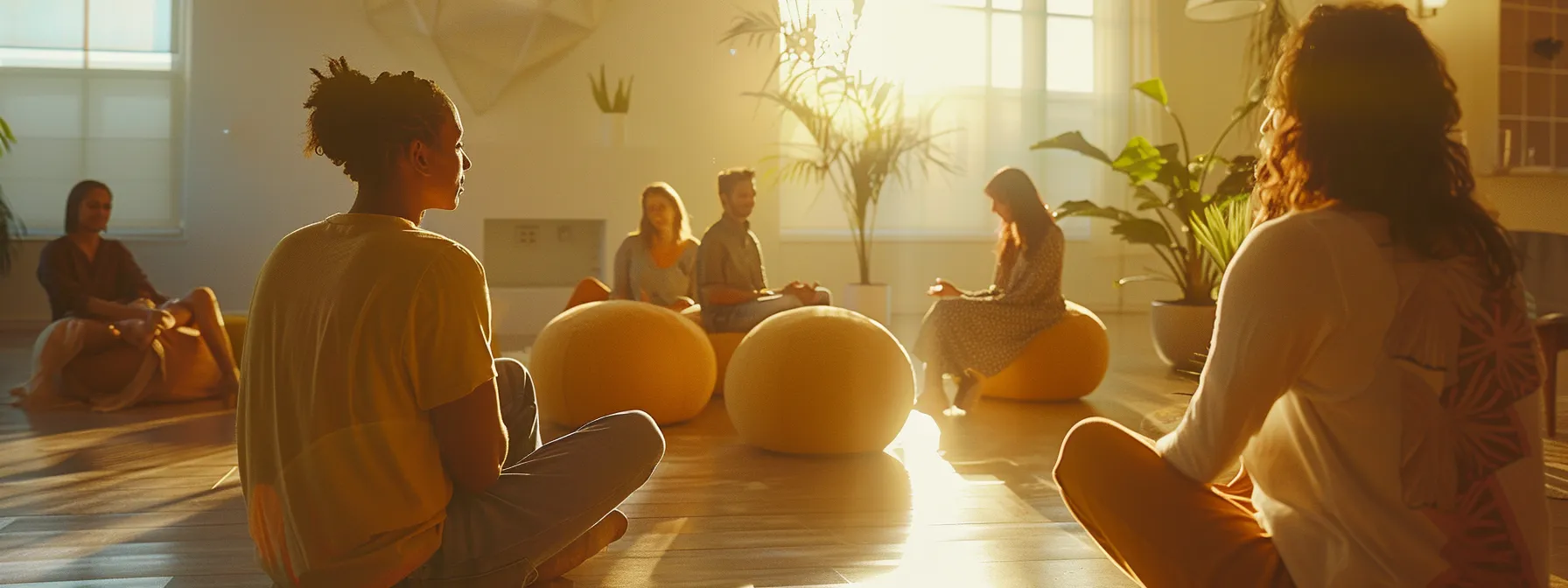 a serene therapy room bathed in soft, natural light, featuring a diverse group of individuals engaged in supportive conversation while incorporating therapeutic exercise tools, symbolizing the healing power of psychosocial factors in rehabilitation.