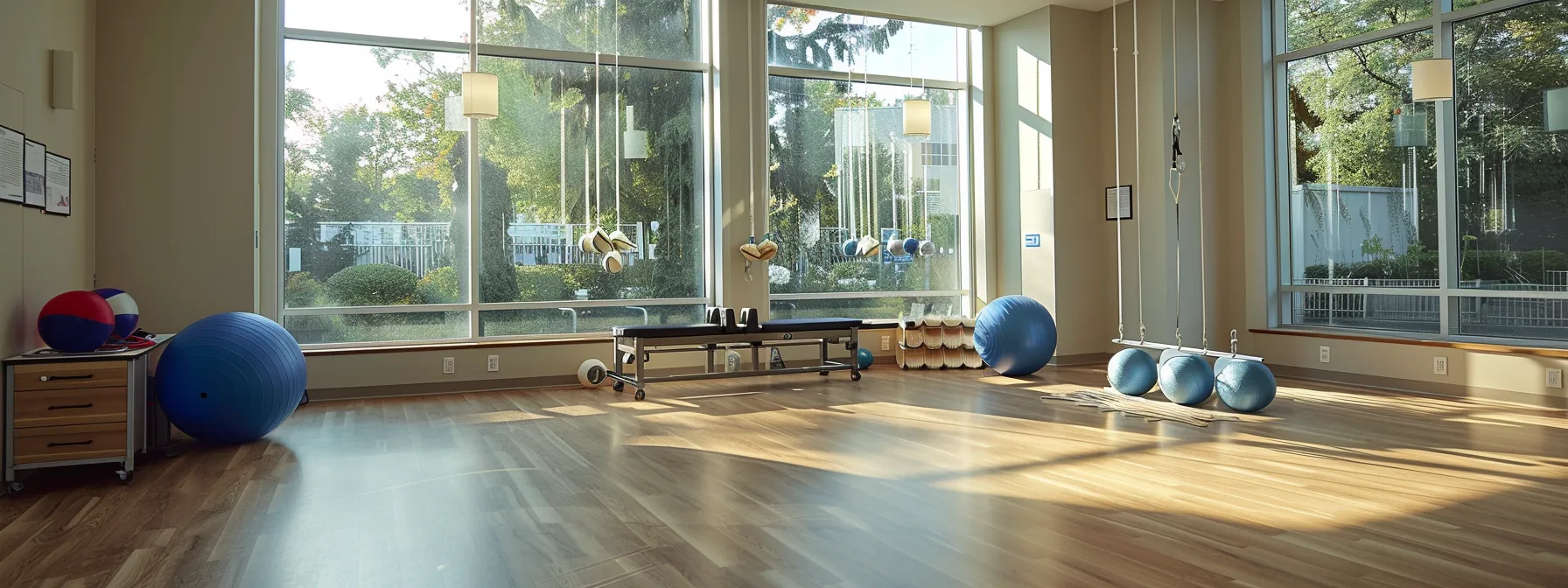 a serene therapy space featuring a bright, inviting room with various therapeutic tools like exercise balls and resistance bands, illuminated by soft natural light filtering through large windows, emphasizing the commitment to enhancing hand function and motor skills.