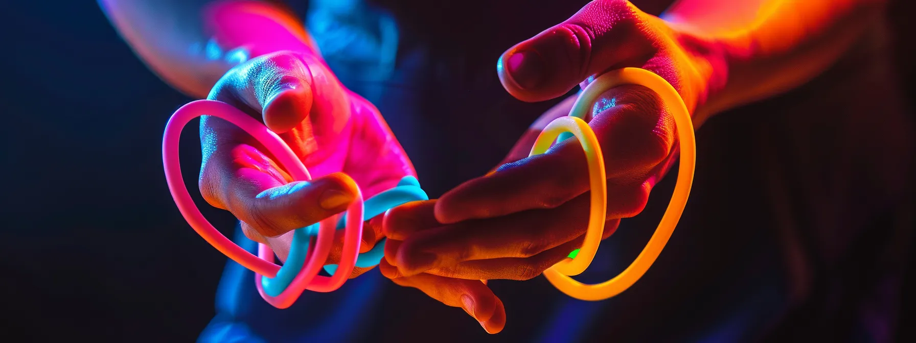 a vibrant, close-up image of a pair of hands performing finger extension exercises with colorful rubber bands, illuminated by soft, natural light to emphasize the fluidity and flexibility of movement.