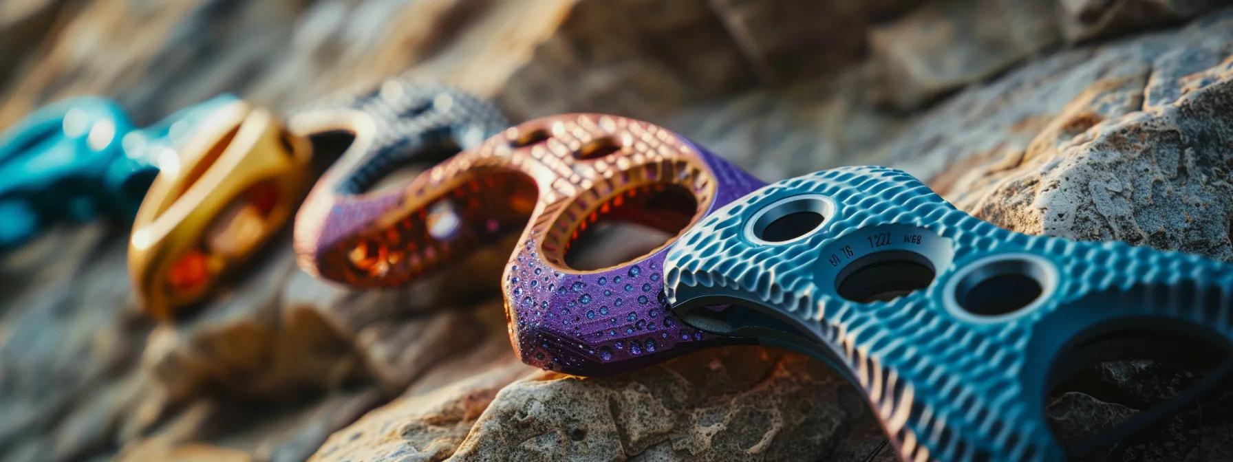 an intense close-up of specialized grip training tools for rock climbing, featuring vibrant finger exercisers, adjustable hand grippers, and textured grip rings, dramatically illuminated to highlight their details and strength-enhancing features against a rugged, natural rock backdrop.